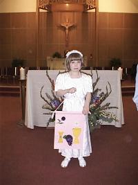 Catriona's first communion, with the banner she made